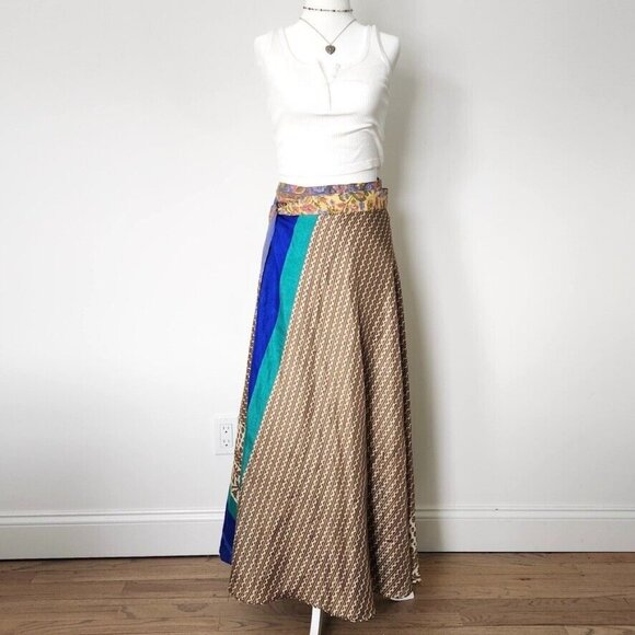 Vtg Silk Wrap Maxi Skirt Reversible Floral Yellow Multi India Sari Boho One Size - Picture 7 of 15